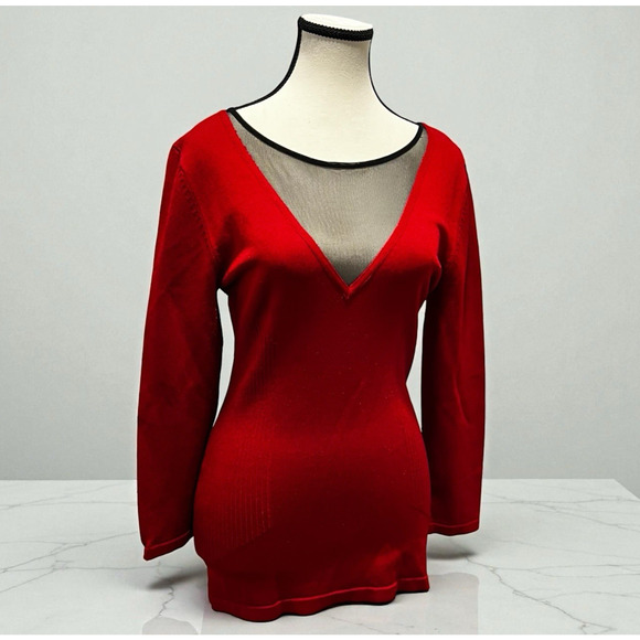 Cache Red Ribbed Knit Black Sheer V Neck Sweater Women's Size Medium Holiday - Picture 1 of 7